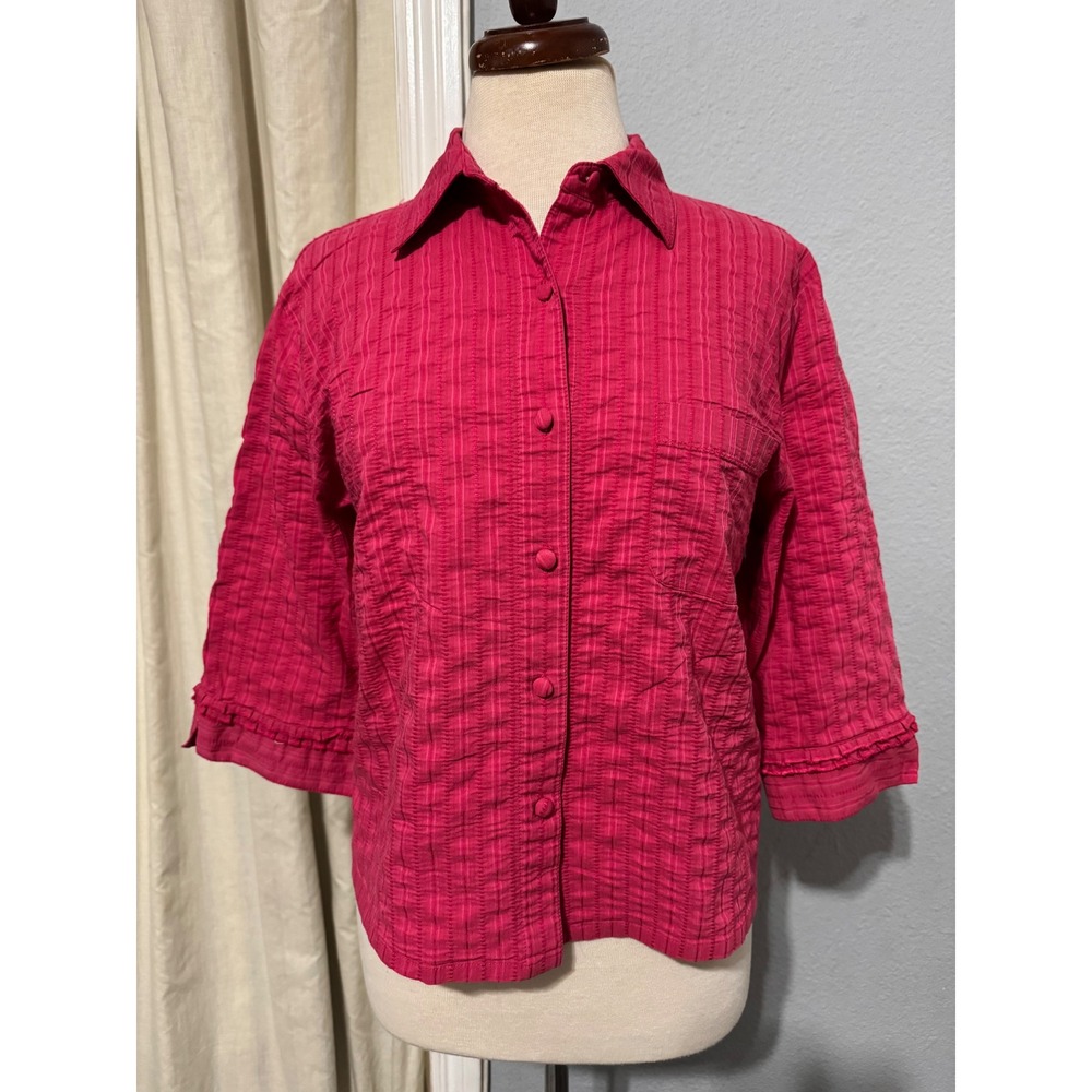 Sleep Sense Cotton Blend Womens Pajama Top M Pink Textured Button Up 3/4 Sleeve